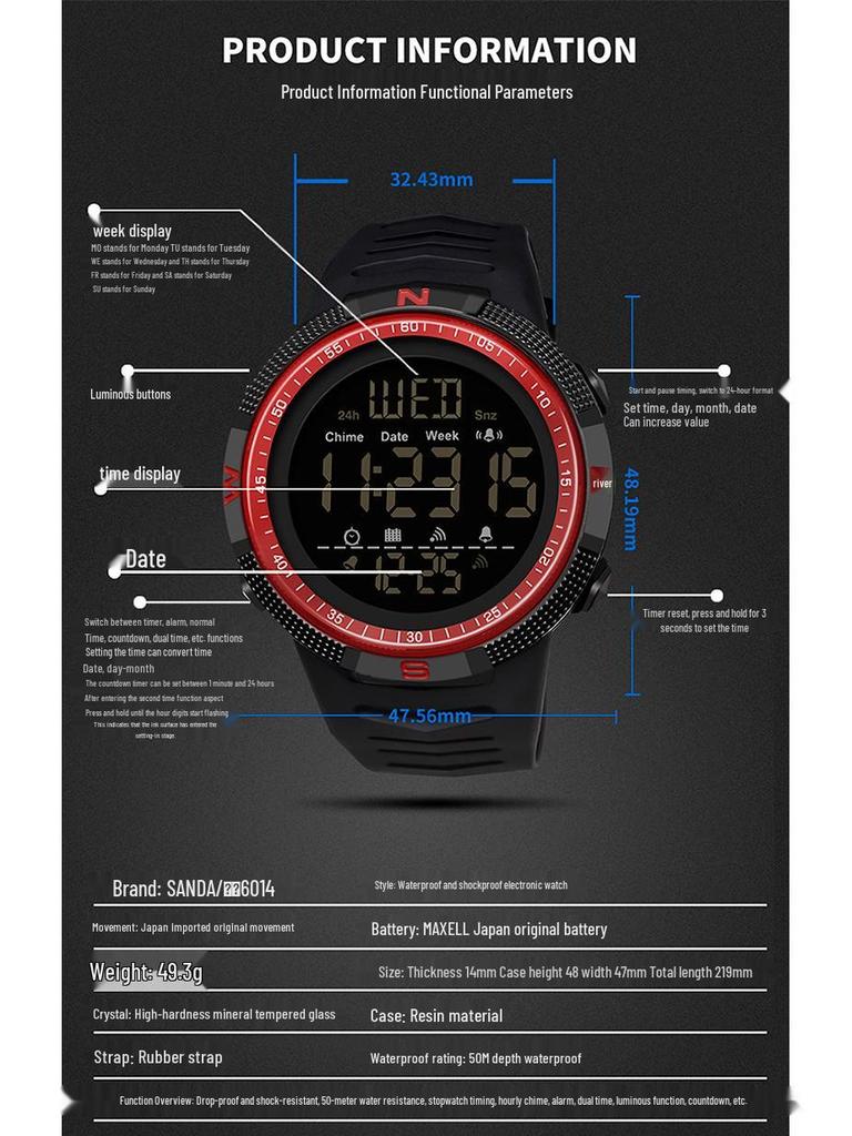 Sanda Мужские светящиеся водонепроницаемые модные электронные часы с большим циферблатом и календарем.