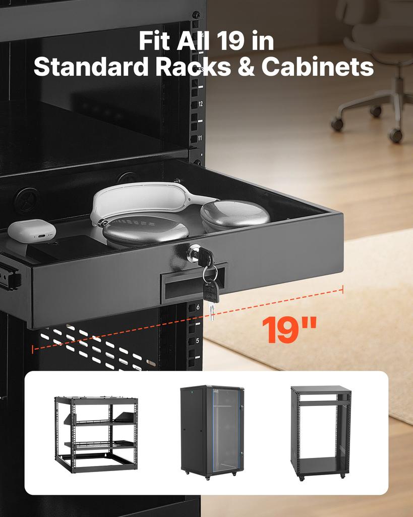 VEVOR 2U Rack Mount Drawer, 22.68 kg Max Load-Bearing, Lockable Server Cabinet Case, Sliding Drawer with Lock and Cable Management Holes
