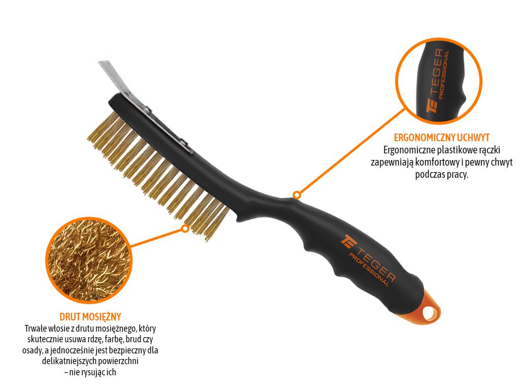 PROFESSIONAL wire rust brush, brass wire / 4 rows, with scraper, with plastic handle, Teger