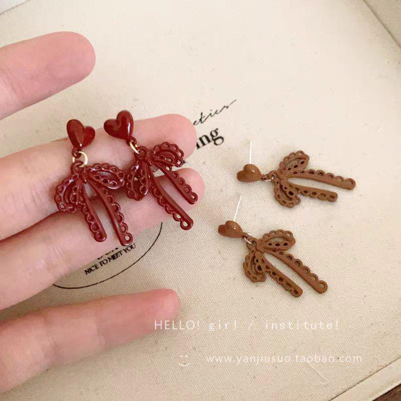 Серьги-бантики в стиле ретро с винно-красным сердцем — стиль Гонконга для женщин, повседневные и универсальные аксессуары