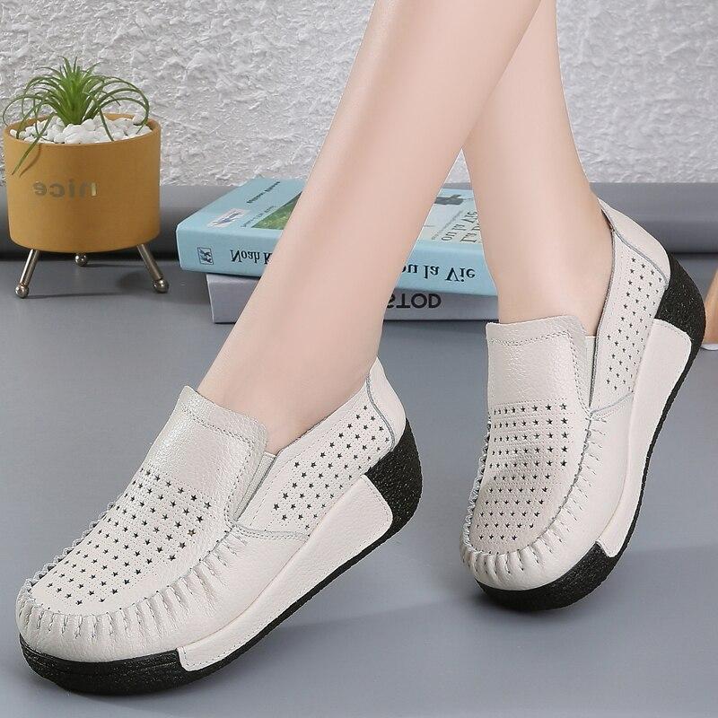 Breathable Summer Women's Shoes Flat Platform Ladies Sneakers Female Hollows Cow Suede Leather Woman Loafers Wedges Slip On Shoe