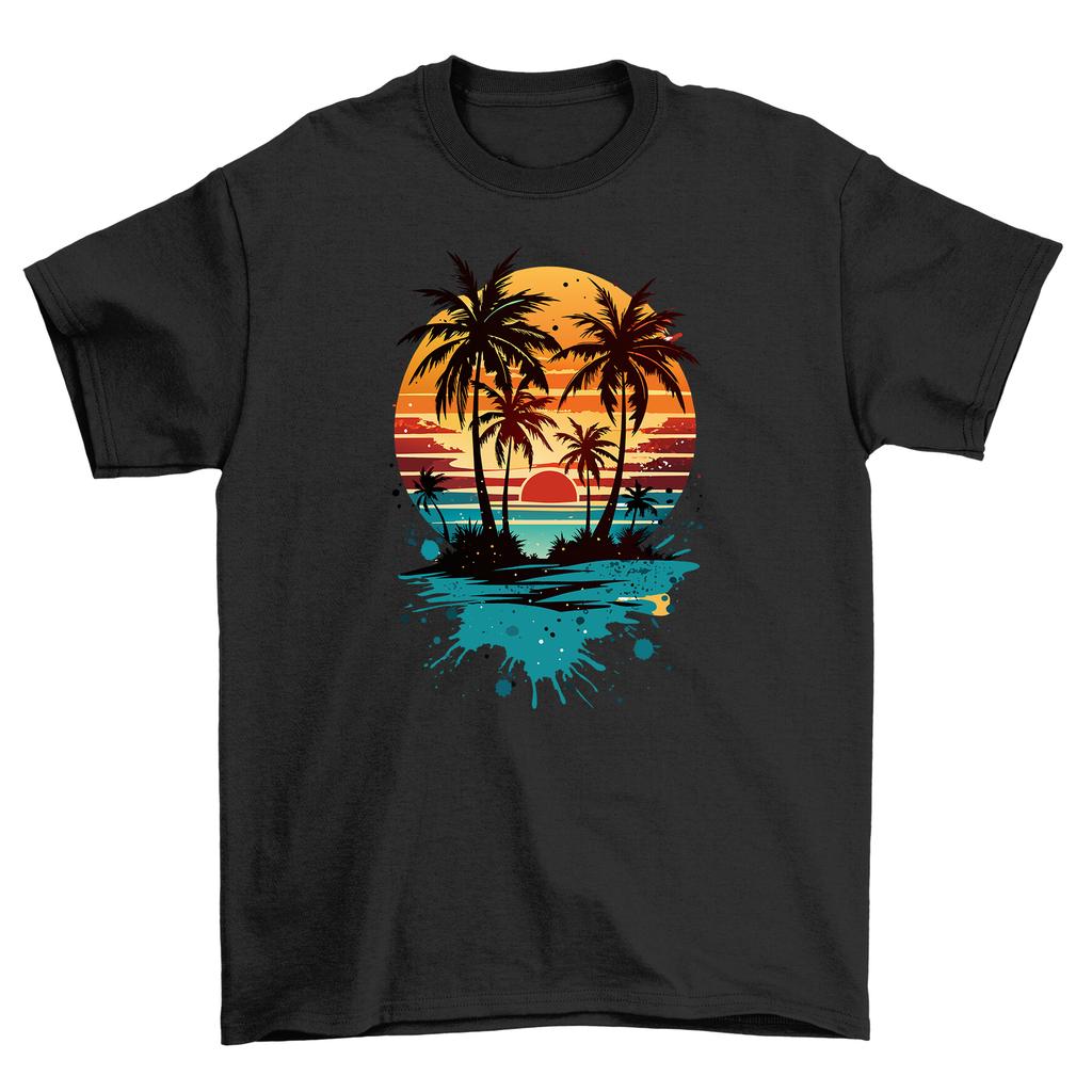 Summer_28 Sunset Vibes - Funny Palm Trees T-Shirt Mens Womens Tees Top, 100% Cotton, Unisex Printed D