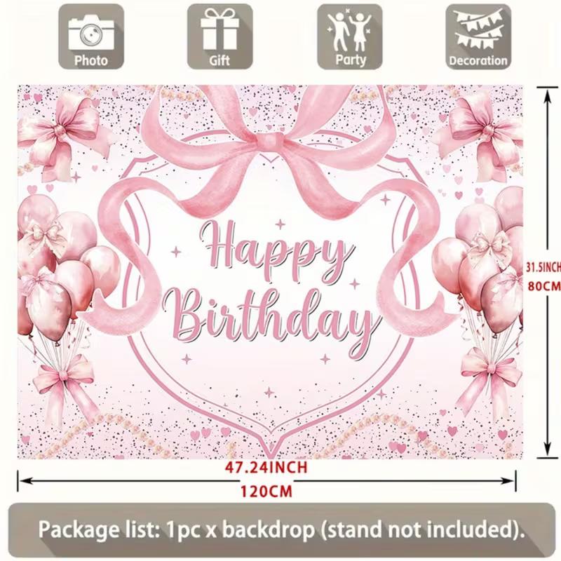 2D Pink Bow Happy Birthday Backdrop for Baby Shower Girl Birthday Party Decoration