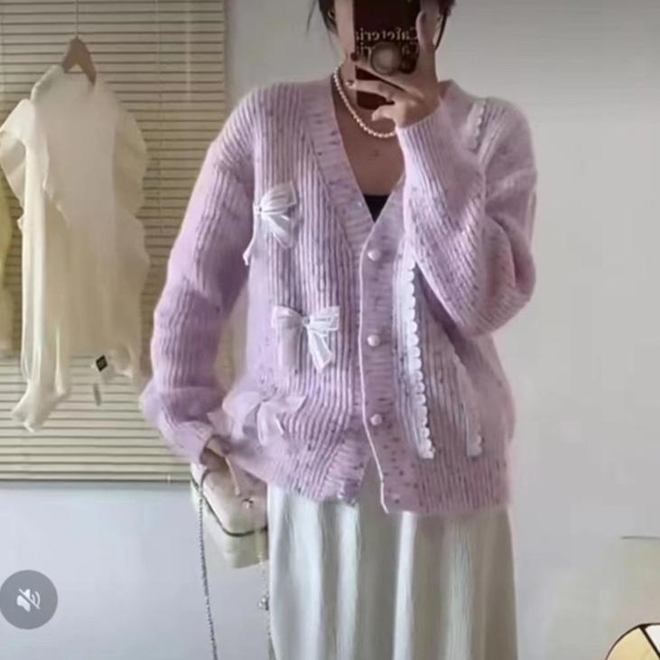 Осенне-зимняя женская нежная свободная ленивая ветровка трикотажная куртка кружевной бант свитер кардиган