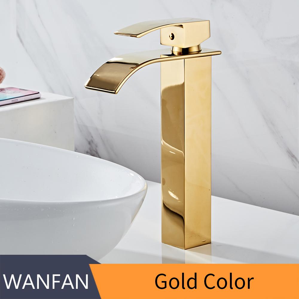 Bathroom Waterfall Basin Sink Faucet Gold Faucets Brass Bath Faucet Hot&Cold Water Mixer Vanity Tap Deck Mounted Washbasin Tap