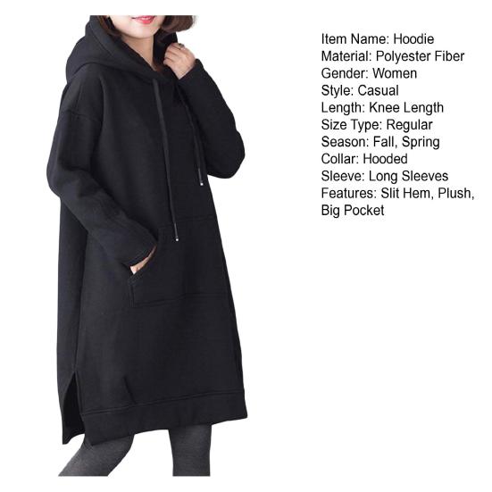 Женская толстовка с капюшоном на осень-зиму с большим карманом, завязками на шнурке, разрезом по низу, однотонная, свободная длина до колена