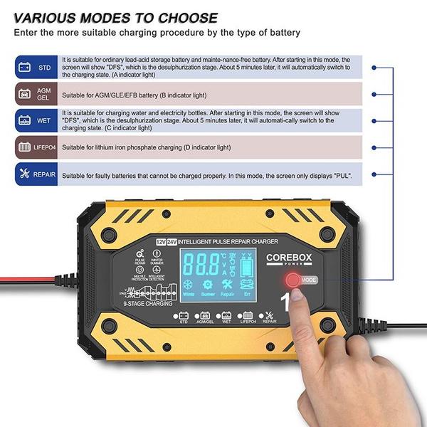 Автомобильное зарядное устройство, полностью автоматическое 12 В/24 В, интеллектуальное импульсное ремонтное зарядное устройство для быстрой зарядки для AGM LFP GEL WET свинцово-кислотное