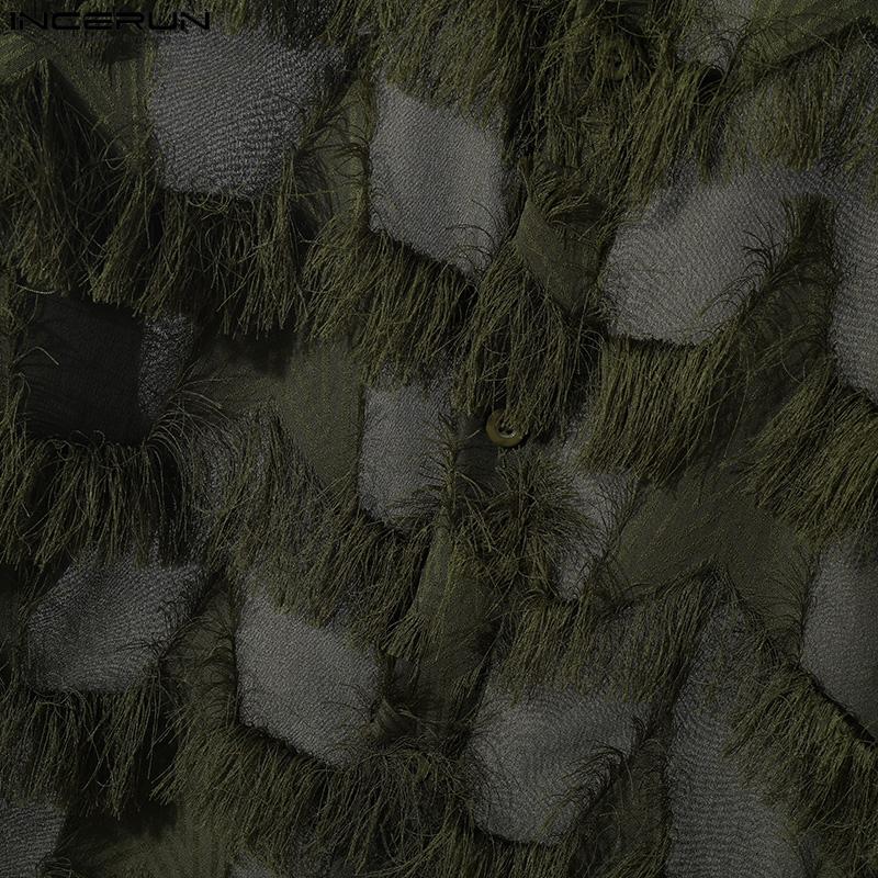 INCERUN Мужские рубашки с длинным рукавом и кисточками в стиле пэчворк с прозрачной сеткой