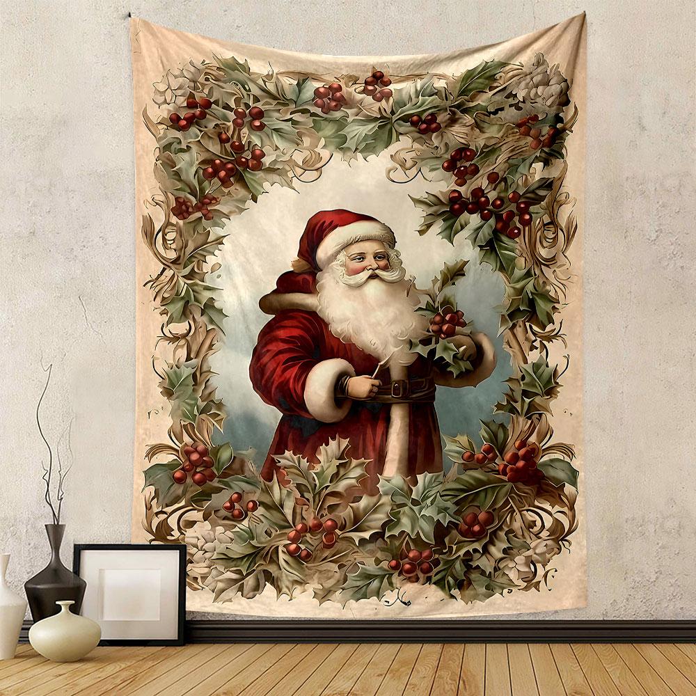 Vintage Santa with Holly Wreath Patterned tapestry home decor, suitable for bedroom and living room, gift