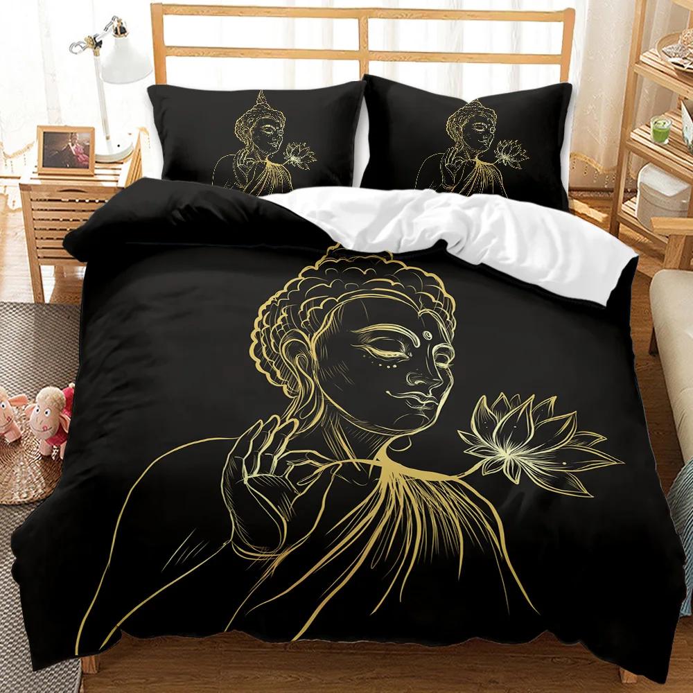 Buddha Statue Duvet Cover Set King/Queen Size,Exotic Golden Buddha Lotus Flowers Comforter Cover Adults Polyester Bedding Set