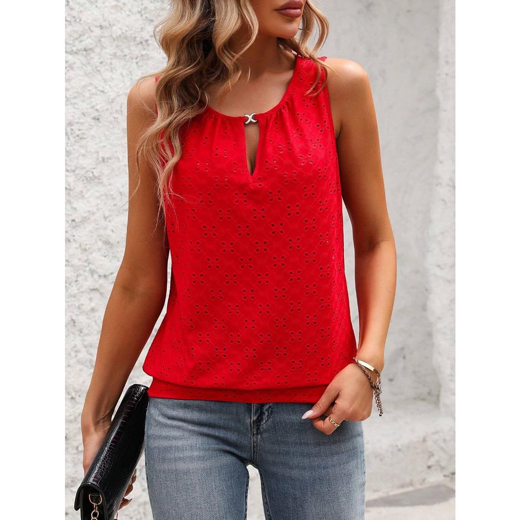 Ladies' Elegant Sleeveless Vest -Semi Transparent Round Neck Lightweight Top, Medium Stretch Casual, Sleeveless Butterfly Pattern, Non Transparent