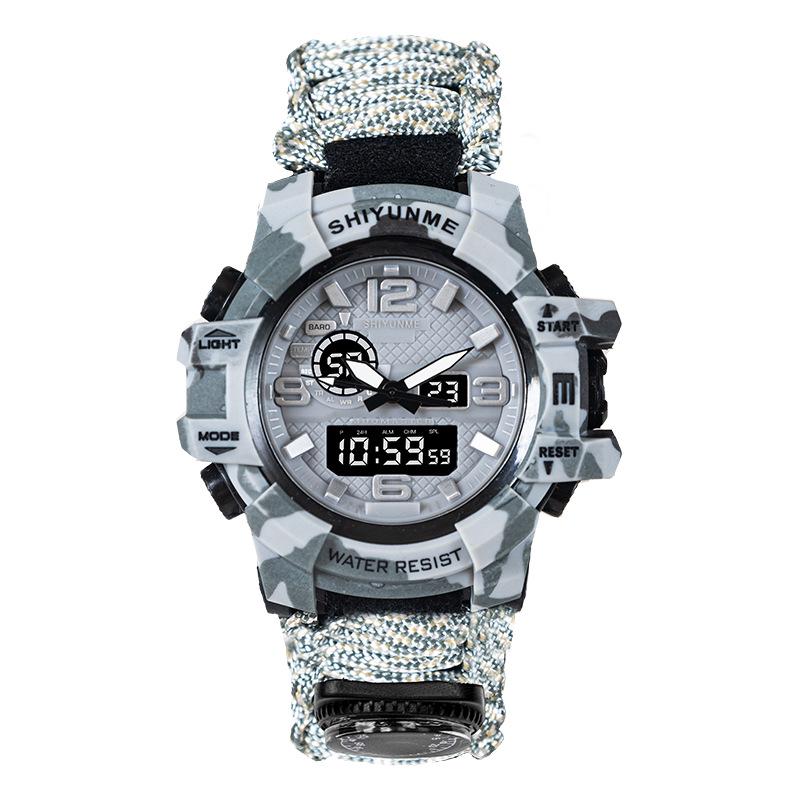 Мужские наручные часы для выживания на открытом воздухе с двойным дисплеем, спасательной веревкой, огнивом, свистком и компасом