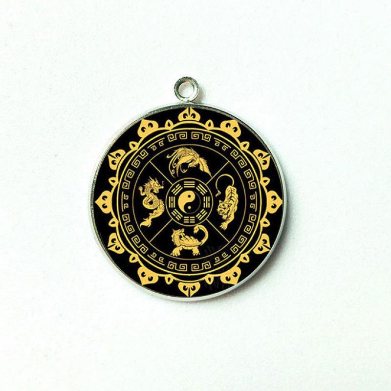 Круглый брелок-подвеска из сплава с драгоценным камнем времени - Четыре символа, 30 мм, односторонний.