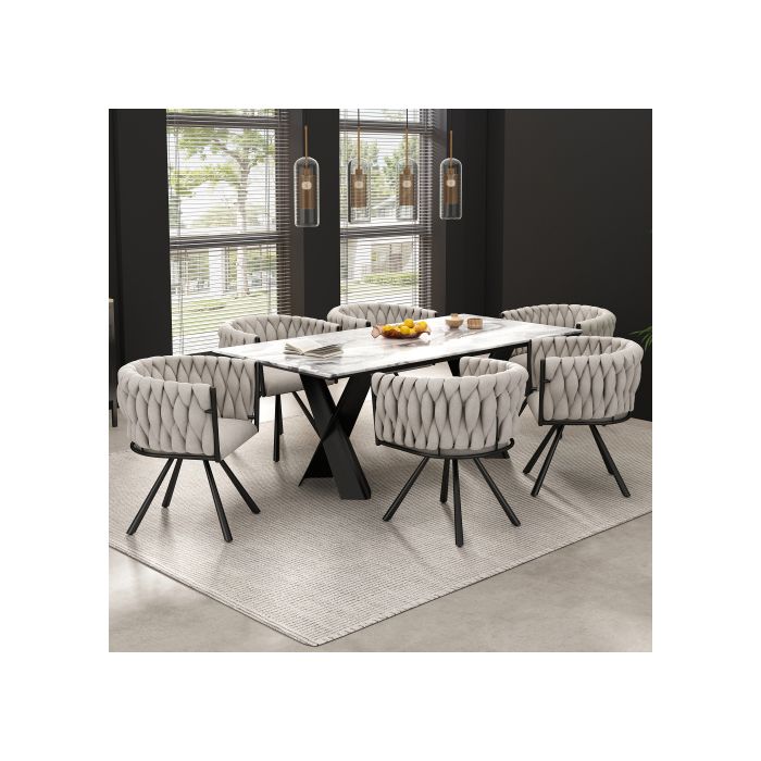 Chaise de salle à manger en lin, ensemble de 2,chaise pivotante simple de luxe avec quatre pieds en métal,tissu de lin beige et noir
