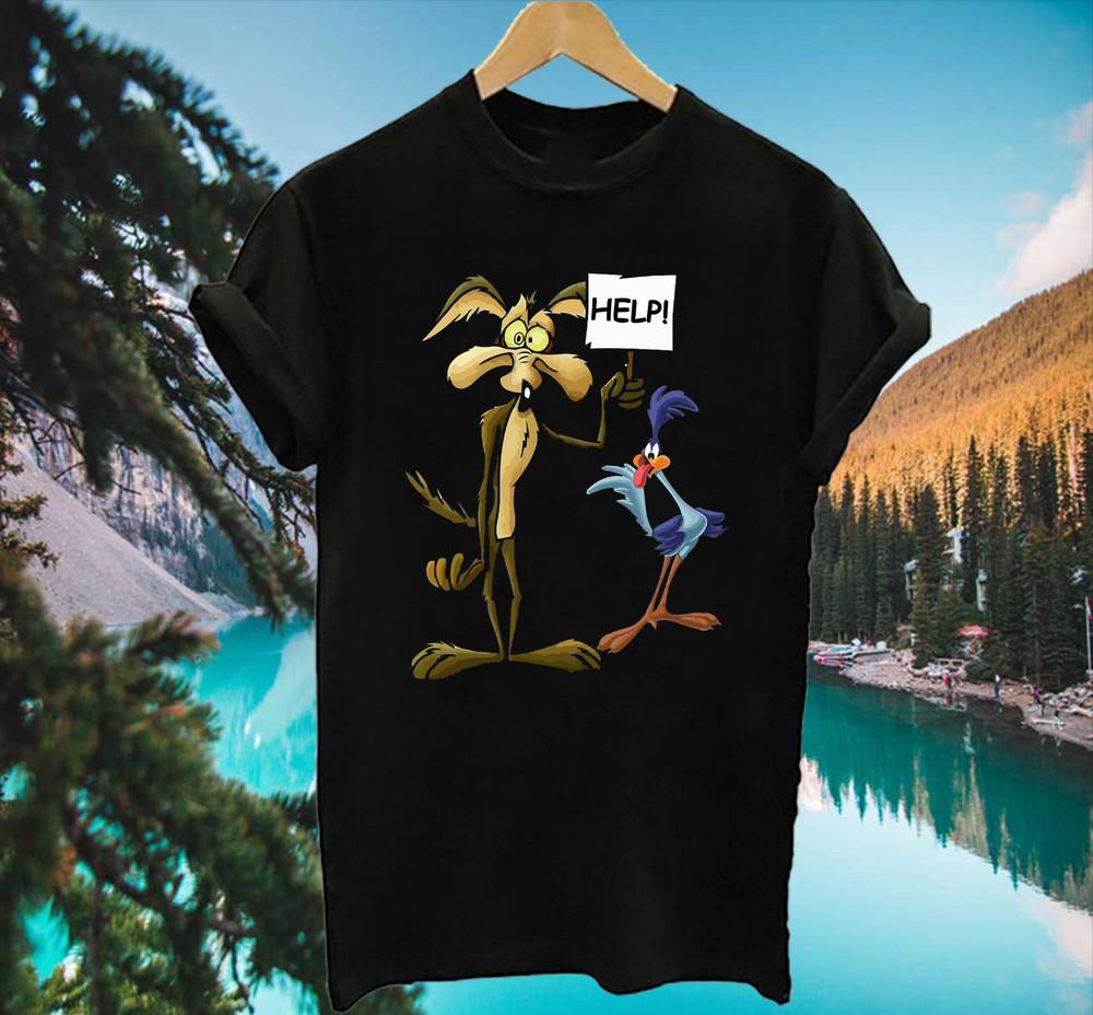 Funny Wile E Coyote and the Road Runner Help T Shirt S-5XL Black Unisex T-Shirt