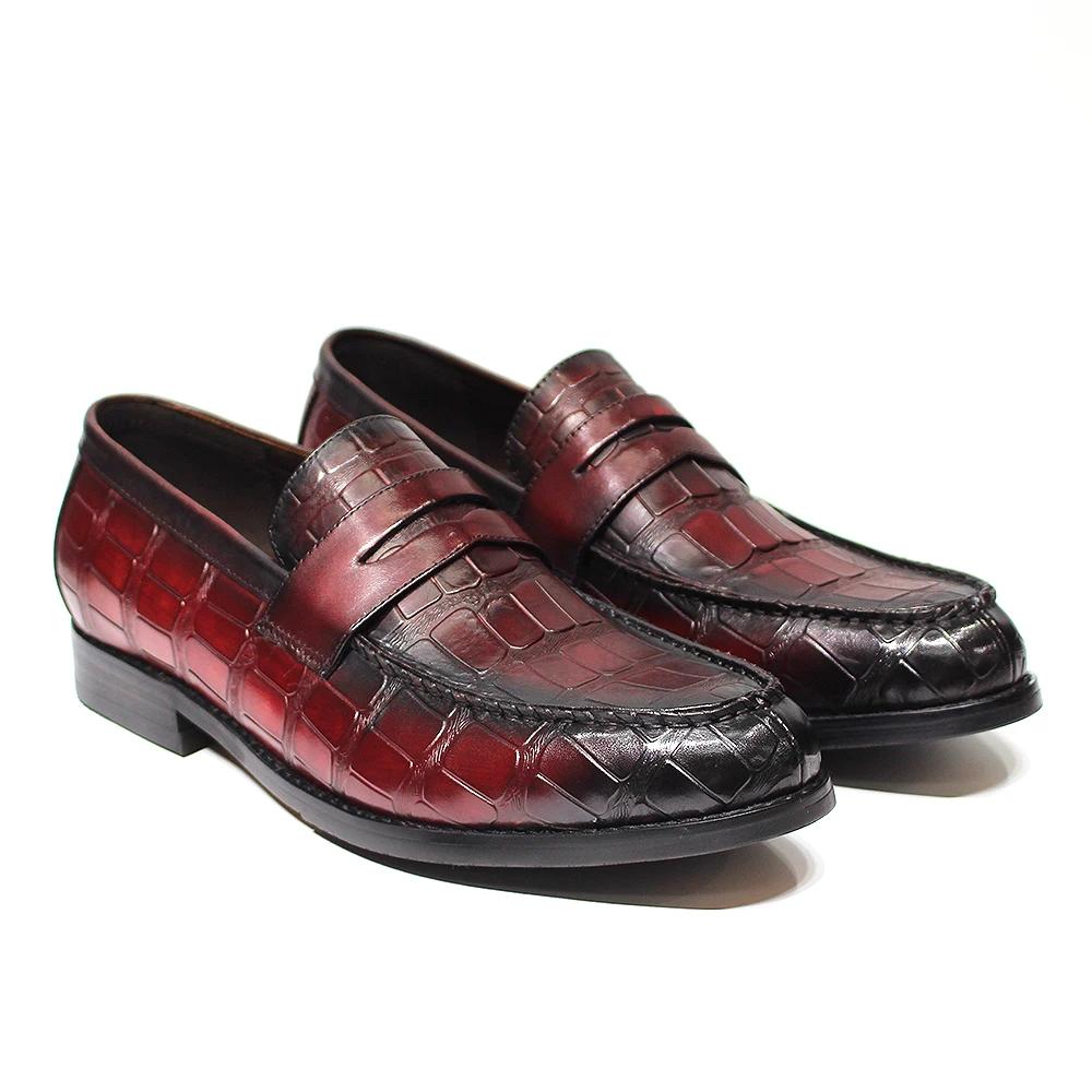 Fashion Men's Genuine Leather Penny Loafers with Handmade Alligator Pattern Slip-On Dress Shoes for Wedding Party Office Casual Loafer
