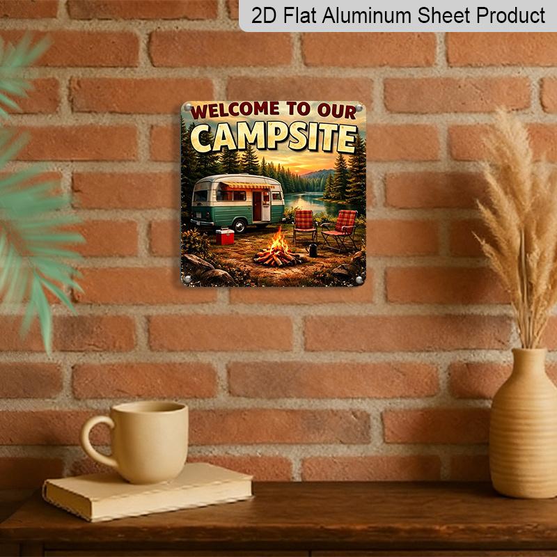 2D Flat, 1pc Vintage Metal Camp Sign - Rustic "Welcome To Our Campsite" Wall Decor Plaque Suitable for Outdoor Use, Cabin, RV, Entrance - Camping