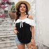 Plus Size Women's Summer Fashion New Off The Shoulder One Line Collar Lotus Sleeve Halter Short Sleeve Top