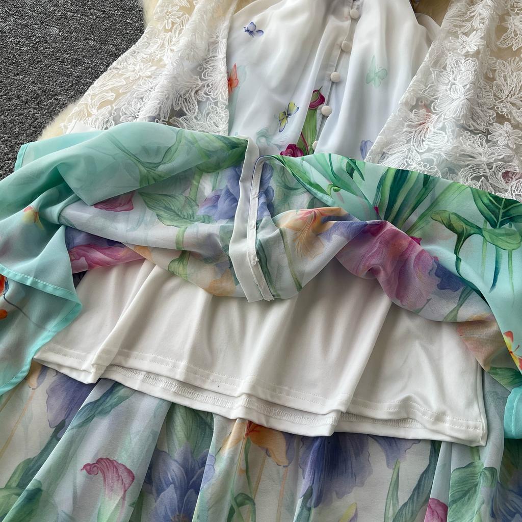 Весна Осень Женские Элегантные Кружева Расклешенные Рукава Глубокий V-образный Вырез Принт Длинные Макси Праздничные Платья Для Вечеринок