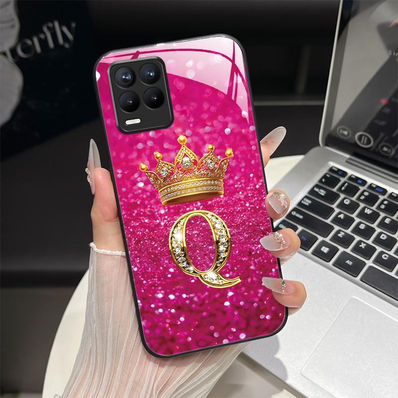 For Realme 8 Case Fashion Letters Hard Tempered Glass Back Cover For Realme 8 Pro 8i Realme8 4G RMX3085 Phone Case Luxury Coque
