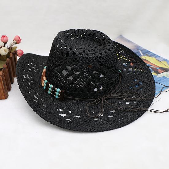 Hat with Decorative Bands Hollow Ultralight Breathable Design Cowgirl Woven Sun