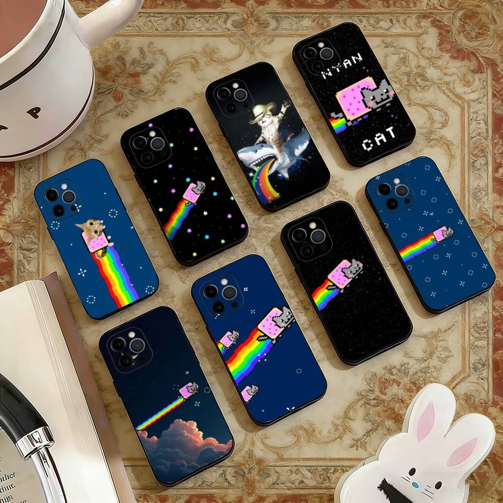 Cute N- Nyan C- Cat Phone Case Silicone Soft For IPhone 17 16 15 14 13 12 11 X XR Plus Pro Max Plus