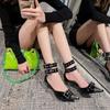 2025 New Ultra-fine High-heeled Sandals Punk Style Cool Handsome Pointed Rivets Women's Shoes Black Hollowed-out Spice Girls High Heels
