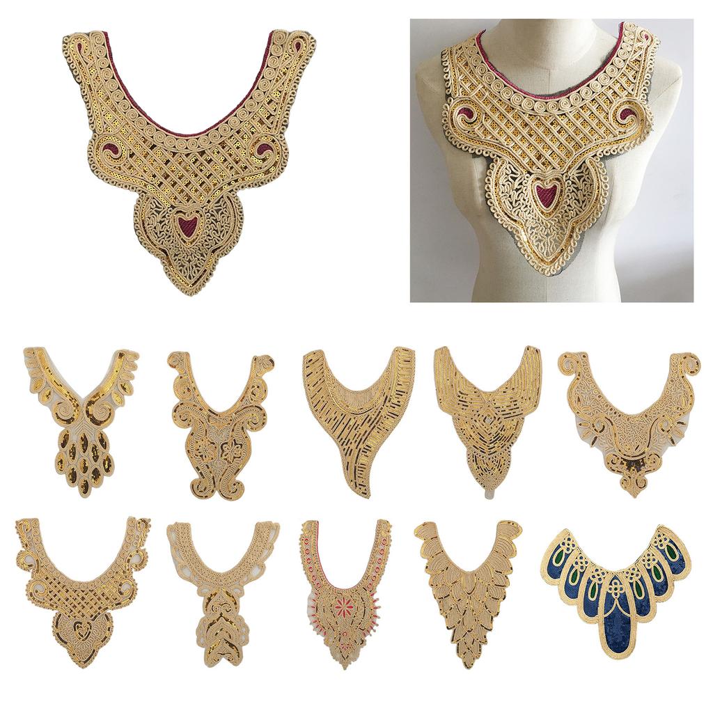 Elegant Embroidered Lace Collar Neckline Appliques Trim with Sequins Ethnic Style Sew On Patches for Fashionable Women