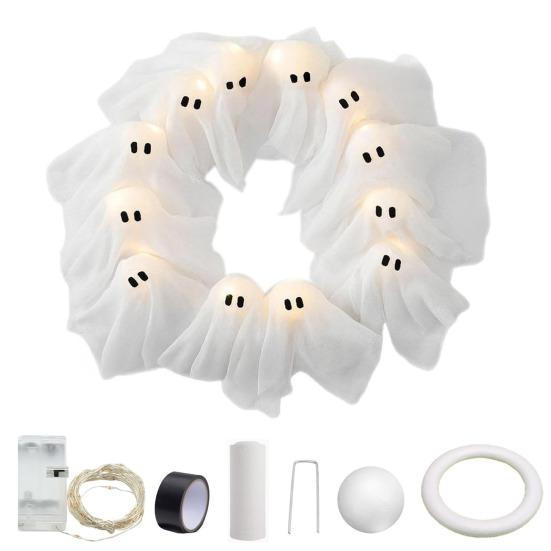 Хэллоуинский венок с призраком и 12 светодиодными лампочками, маленький светящийся белый призрак, подвесной венок для входного крыльца, двери, стены, для внутреннего и наружного украшения