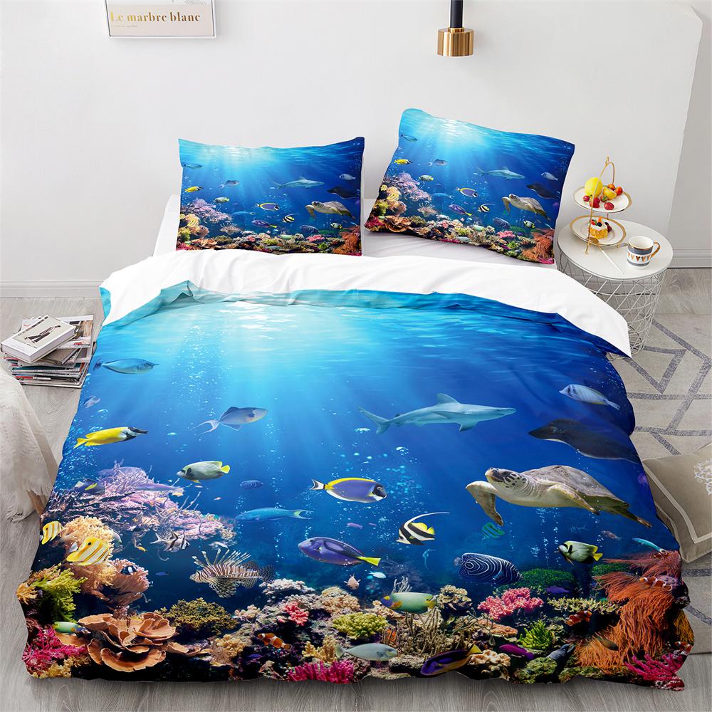 Пододеяльник Подводный мир Кинг Квин Синий Океан Акула Комплект постельного белья для детей Морское животное Коралл Рыба 2/3 предмета Полиэстер Пододеяльник