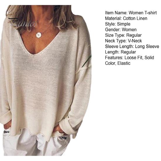 Women T-shirt V-Neck Long Sleeve Loose Fit Tee Shirt Solid Color Breathable Casual Pullover Tops Daily Wear