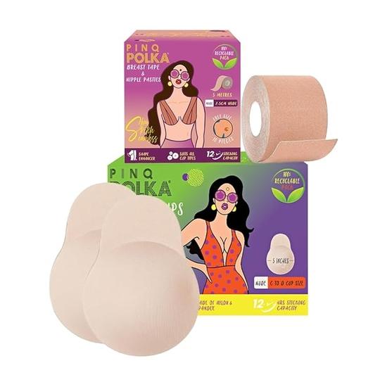 PINQ POLKA Premium многоразовая чашечка для подтяжки груди (Ню) (чашка CD) - 2 шт. и лента для груди (Ню) для отжимания/подъема - 1 шт.
