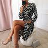 Women Spring Dress V Neck Leopard Print Long Sleeve Lace-up Tightn Waist Mid-calf Length Soft Elegant Lady Midi Dress