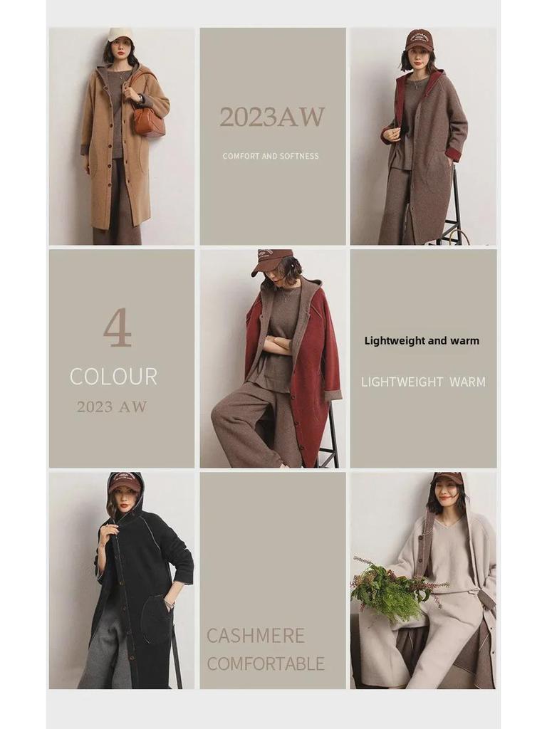 Женское кашемировое пальто с капюшоном — толстое, теплое, средней длины, выше колена, кардиган для осени и зимы