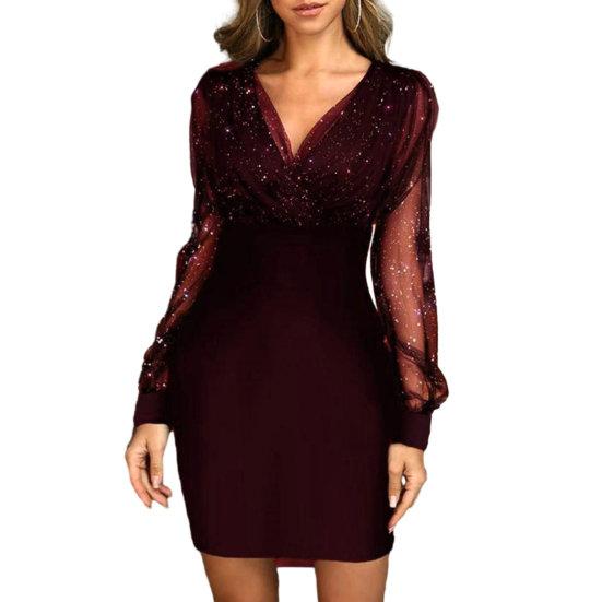 Women Evening Dress V Neck See-through Mesh Patchwork Long Sleeve Shiny Slim Fit Tight Waist Sheath Solid Color Party Prom Mini Dress