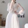 Spring Elegant Solid Dress Lady Button A-Line Female Puff Sleeve V-Neck Lace Mesh Dress