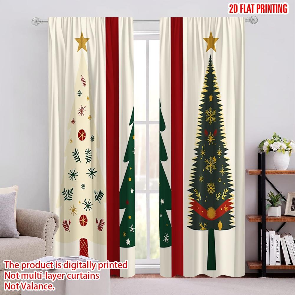 2pcs,2D Plane Printing Print Curtains Christmas Trees Festive Collection (3) Durable 100% Polyester Fabric (without Rod)