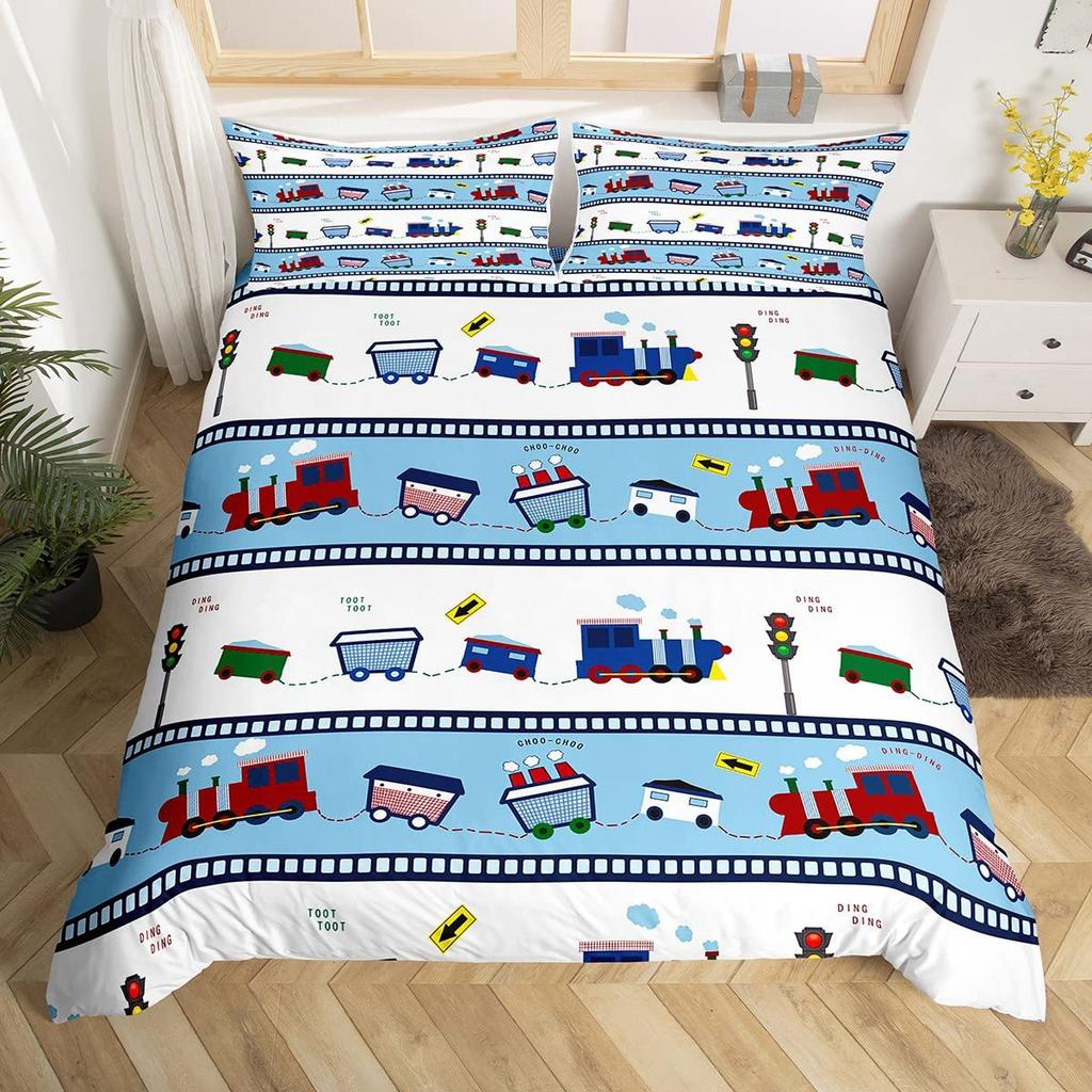 Children'S Train Theme Quilt Set Three-Piece Train Railway Track Duvet Set