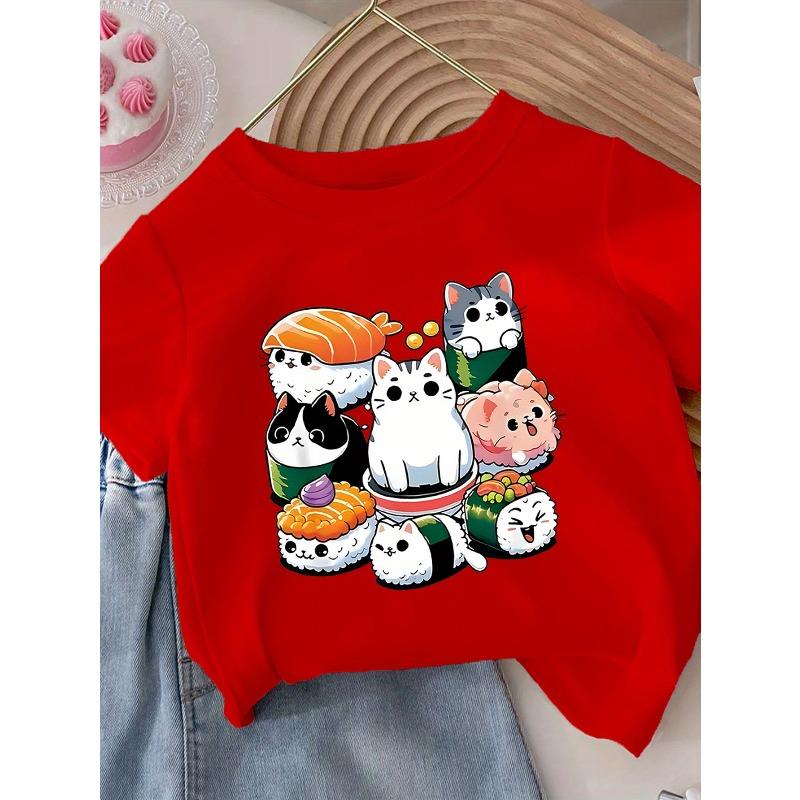 European sizes Girls'  Short Sleeve T-Shirt - Soft Round Neck Casual Summer Blouse Top with Random Print Patterns