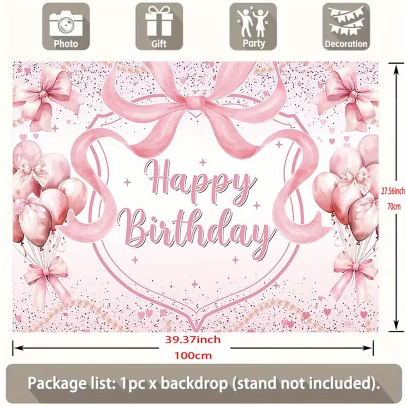 2D Pink Bow Happy Birthday Backdrop for Baby Shower Girl Birthday Party Decoration