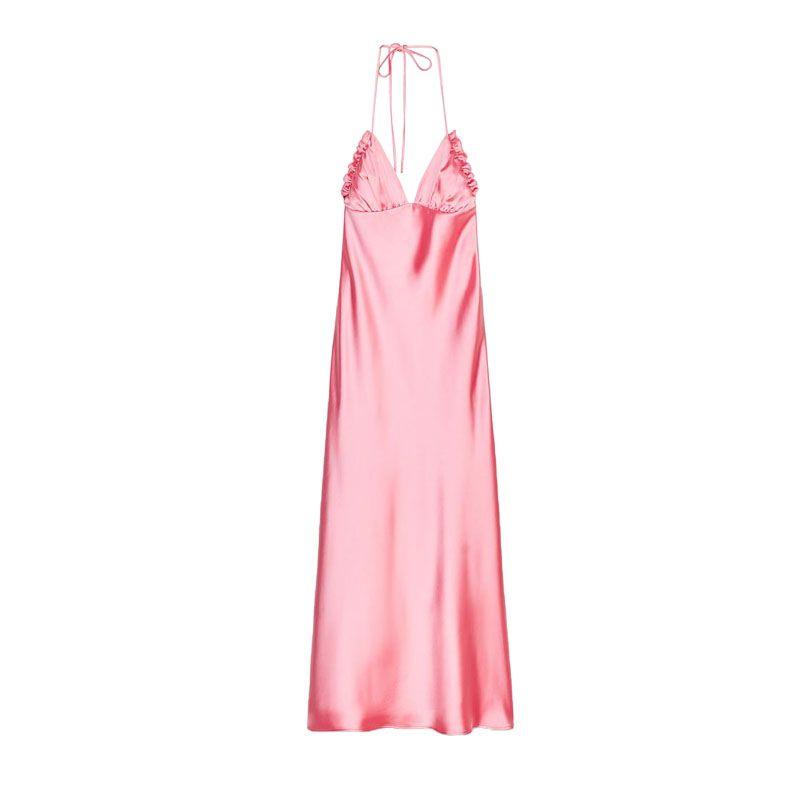 Spring New Women's Clothing Sexy V-neck Long Silk Satin Texture Hanging Collar Sling Dress 2454331