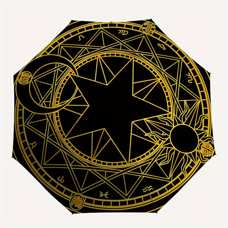 Golden Star Moon Sun Symbol Circular DecalUmbrella, Portable 3-Fold Umbrella for Men & Women,Christmas Gift ES286