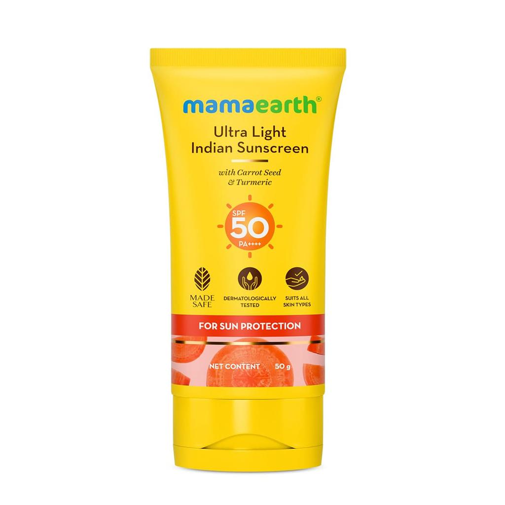 Mamaearth Ultra Light Sunscreen SPF 50 PA++++ | Tan Protection, No White Cast, Non-Greasy, Quick Absorbing, 50g For All Skin Types