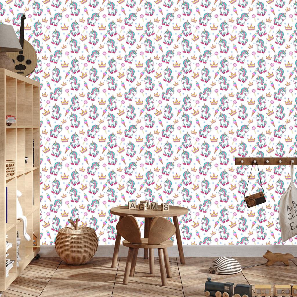 Unicorns wallpaper white, light gray and powder pink 50x1000
