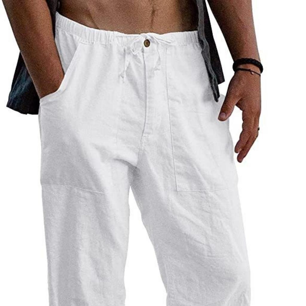 Мужские льняные брюки, свободные повседневные летние свободные брюки с эластичной талией и шнурком