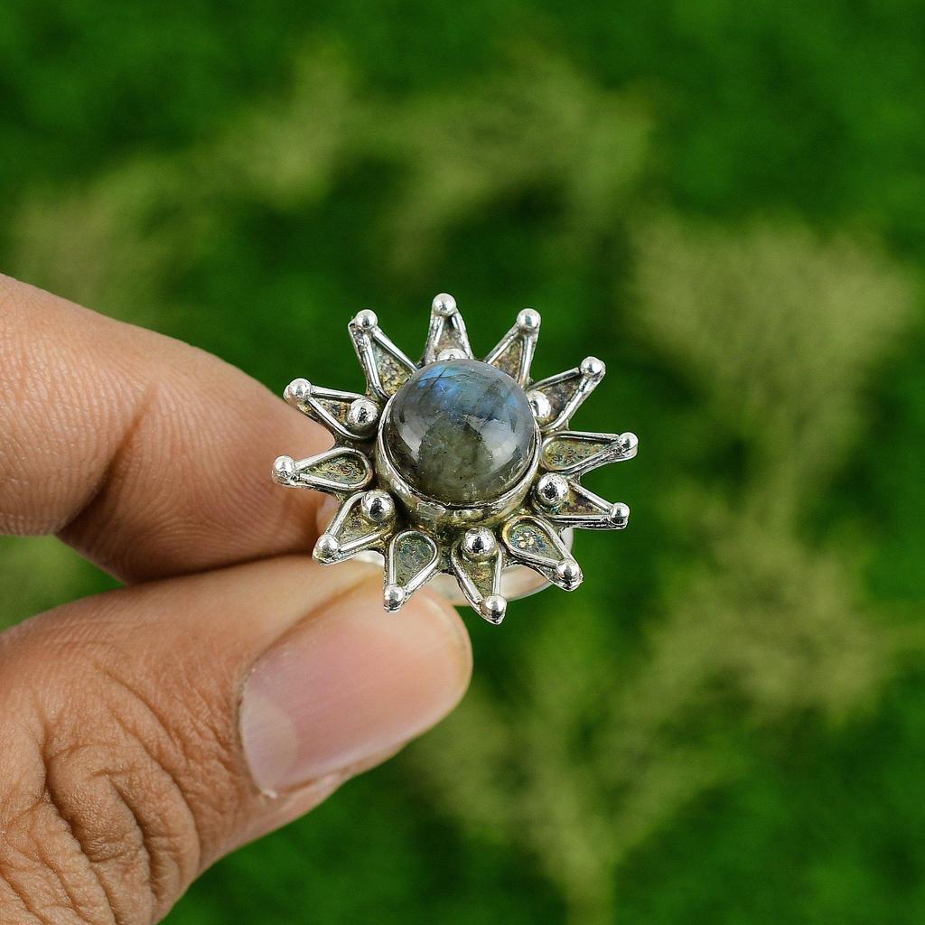 Labradorite Stone 925 Silver Handmade Flower Statement Promise Sister Boho Ring
