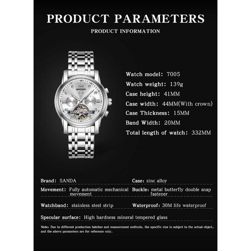 SANDA Новый продукт, мужские автоматические механические часы со стальным ремешком, кварцевые модные полые мужские часы