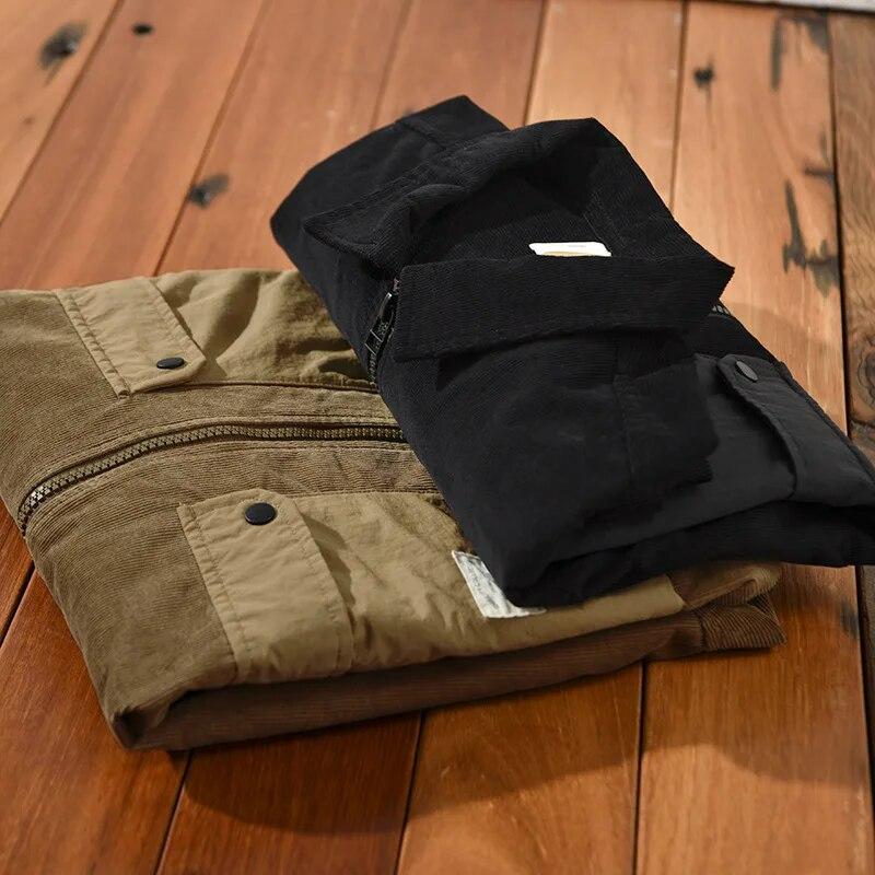 Новая модная рубашка с длинным рукавом на молнии для мужчин, повседневная рубашка цвета хаки с лацканами, большие карманы, вельветовая рубашка из чистого хлопка, свободный мужской топ