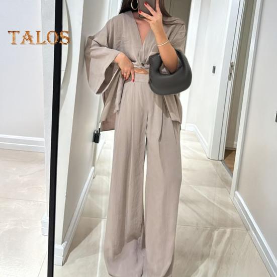 Женский комплект из двух частей из хлопка и льна, топ с длинным рукавом и V-образным вырезом на пуговицах, широкие брюки, повседневная домашняя одежда