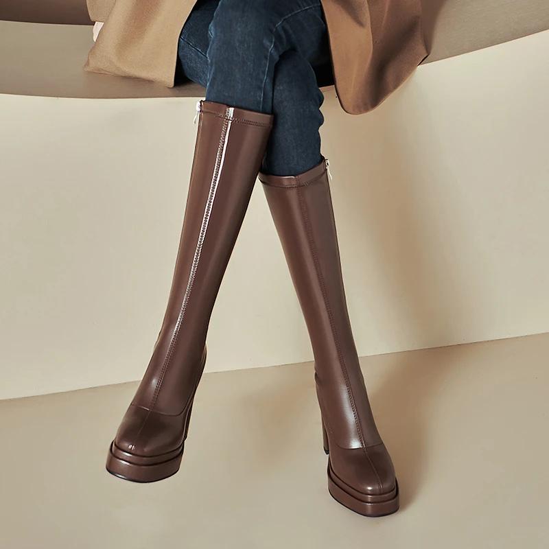 Высокие ботинки Осень Новые Круглый носок Боковая молния Платформа Нескользящие Износостойкие Квадратный каблук Высокий каблук Ботинки